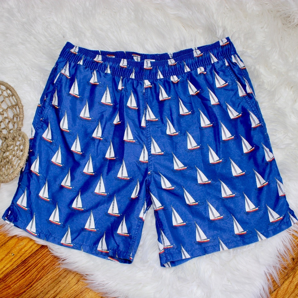 SERO Royal Blue Sailboats Preppy Swim Trunks Large
